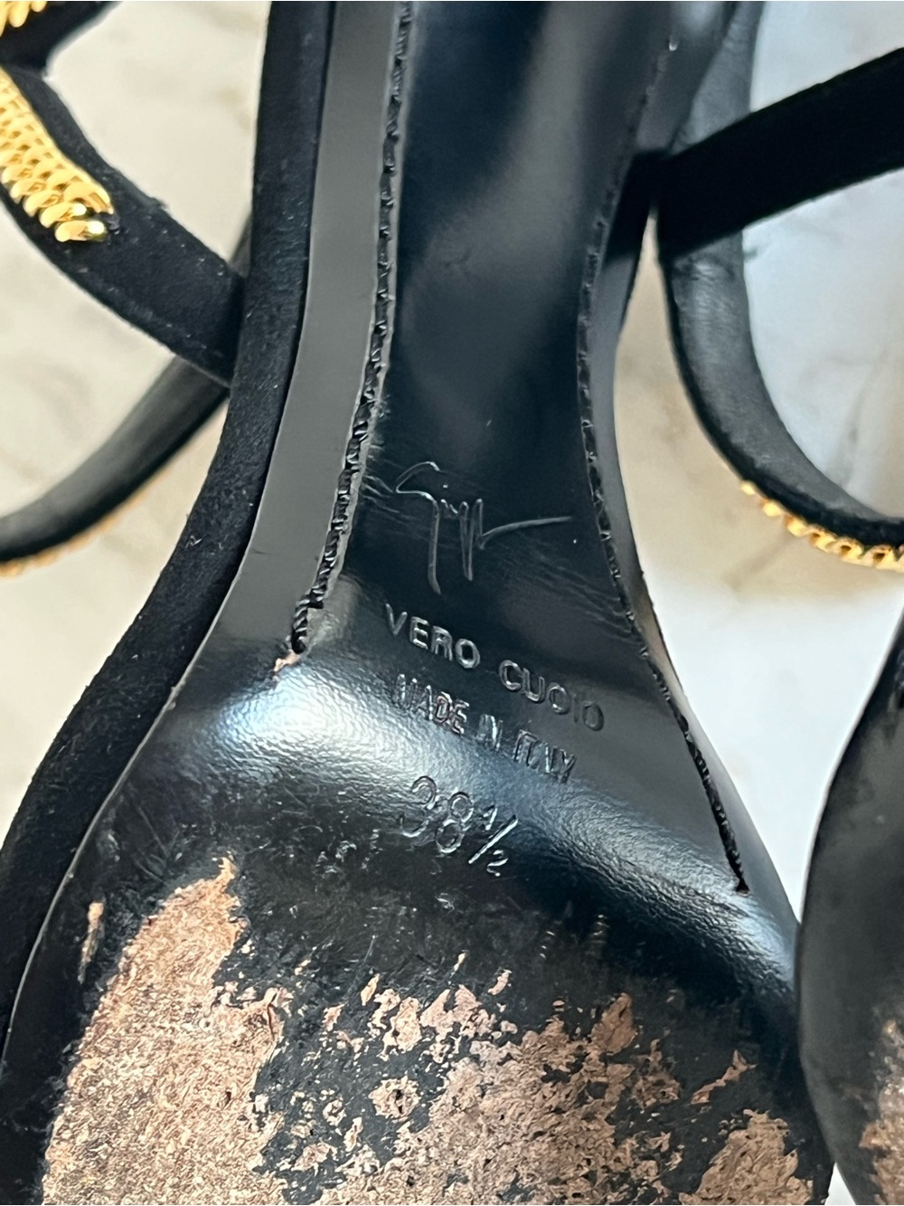 Giuseppe Zanotti Heels Black Suede Gold Chain Ankle Stiletto EU38.5 - Picture 5 of 8